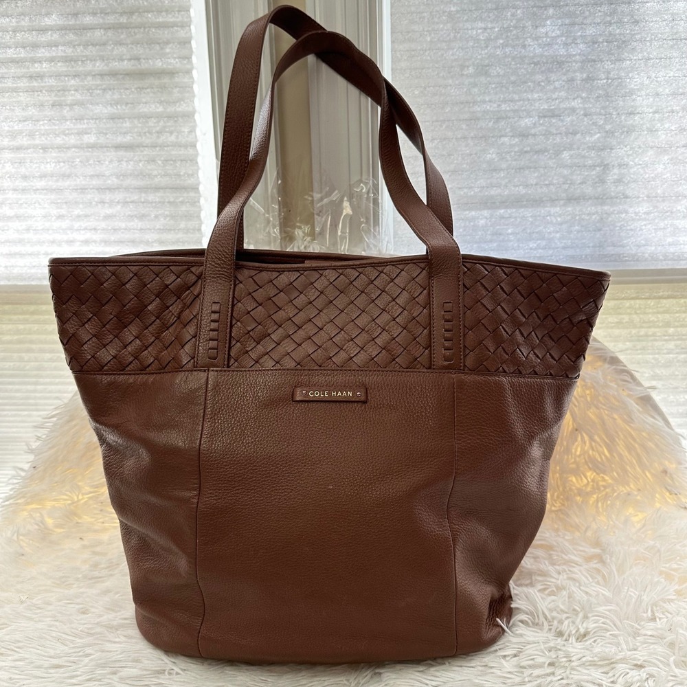 Cole Haan Sam Woven-Detail Leather Tote Bag Cognac Large Lined